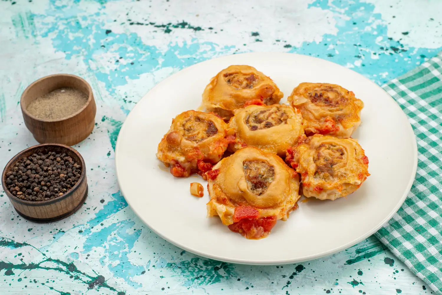 Golden, flaky beef Wellington bites served on a white plate, surrounded by vibrant ingredients like diced tomatoes and seasoning, perfect for an elegant appetizer.