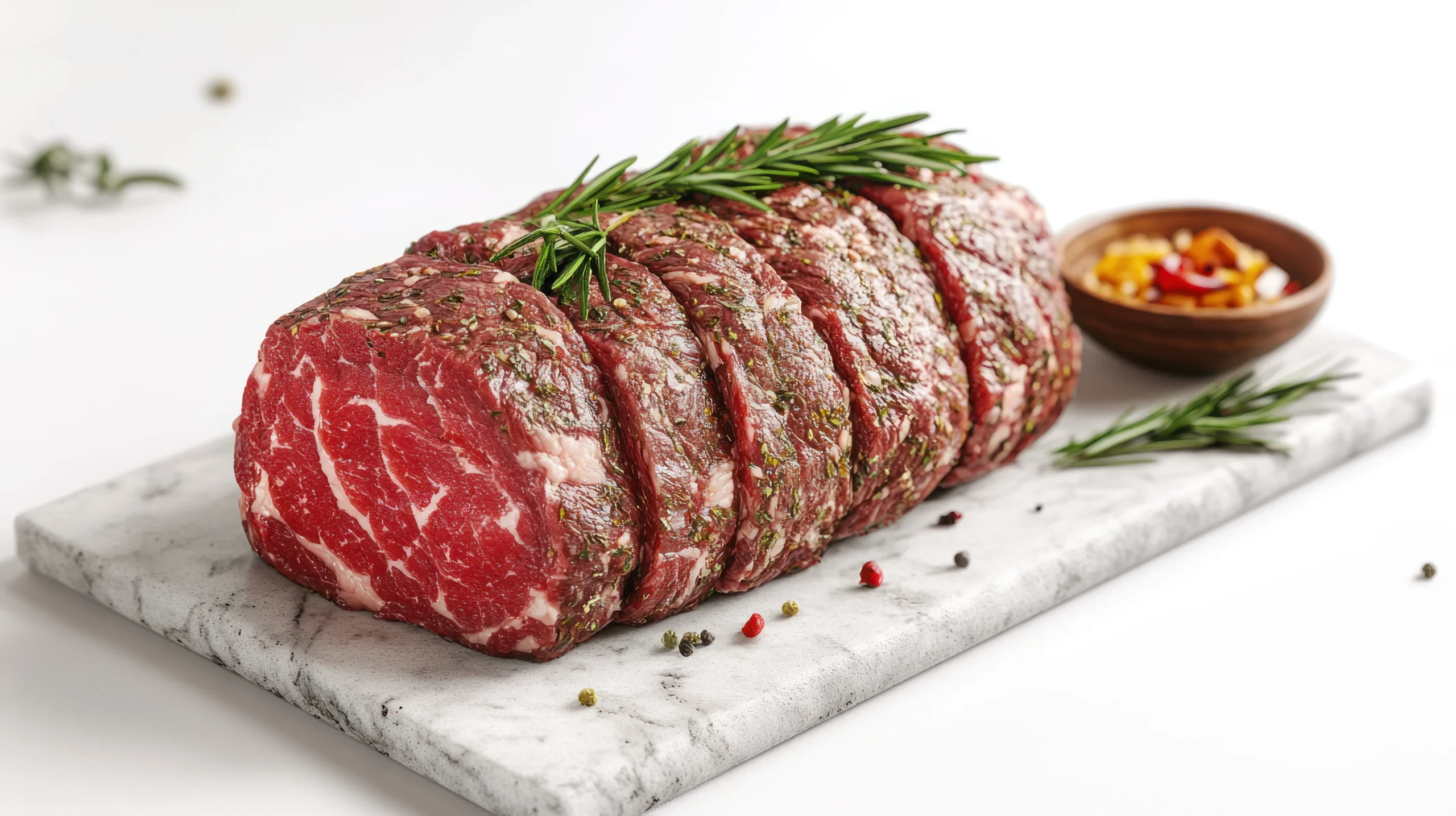 Seasoned Boneless Prime Rib Recipe garnished with fresh rosemary on a marble board, accompanied by a bowl of colorful roasted vegetables.