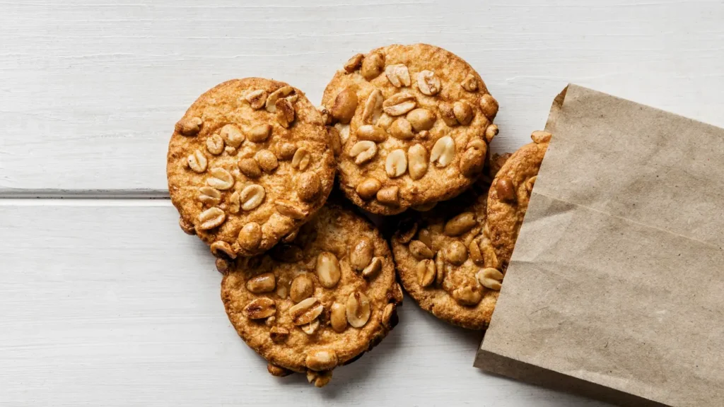 Golden peanut cookies spilling out of a paper bag on a white wooden surface, perfect for a Cookie Recipe No Butter article.