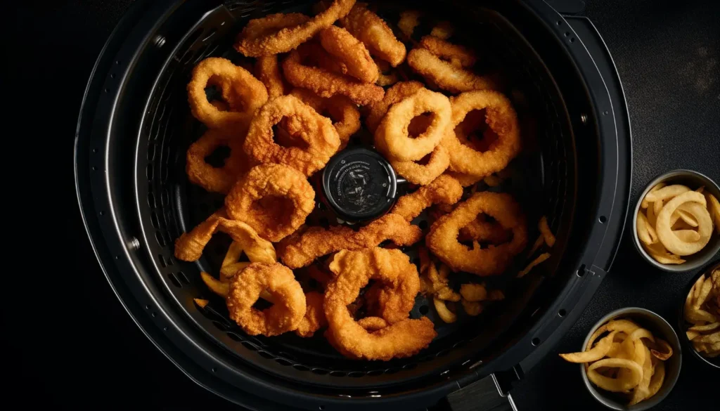 Golden, crispy onion rings freshly cooked in a Ninja Airfryer, with additional servings on the side, perfect for Ninja Airfryer Recipes.