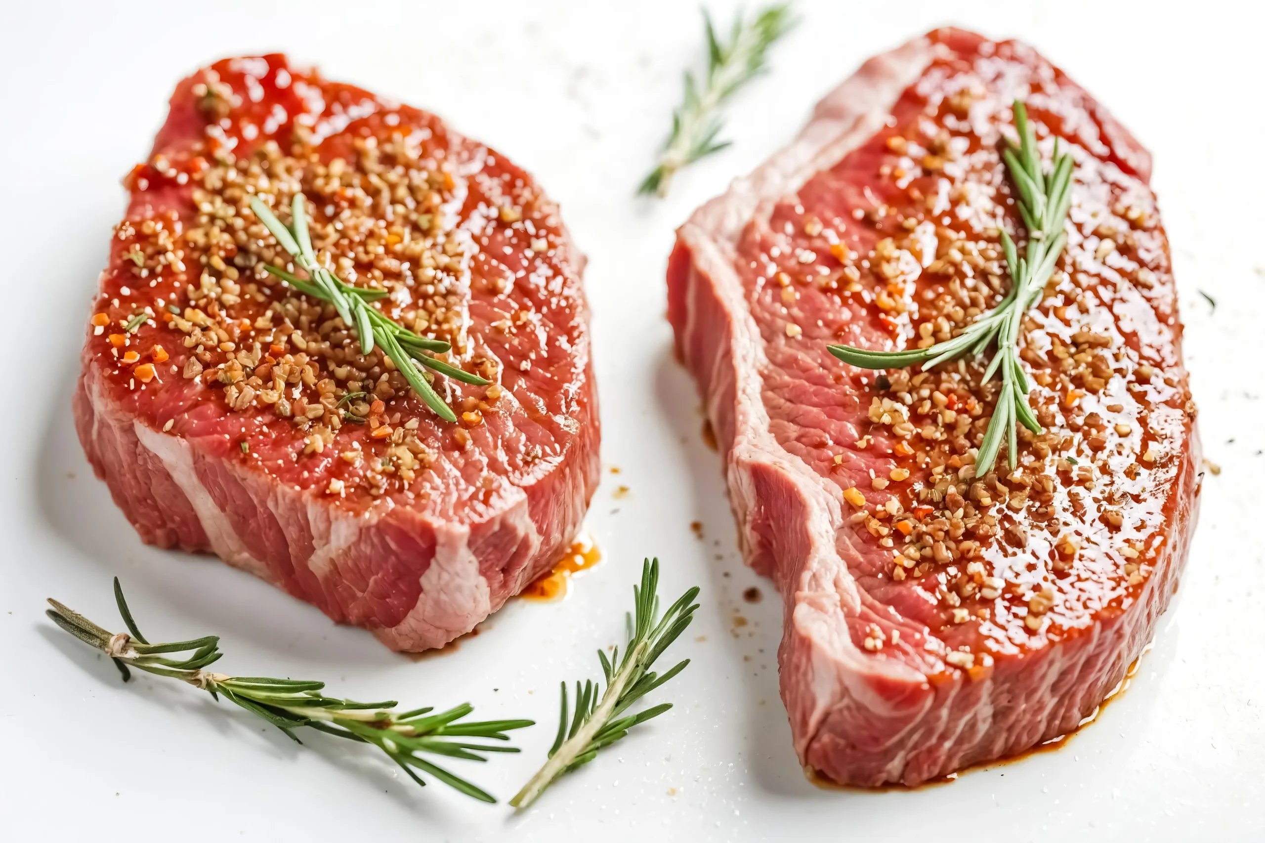 Raw prime rib steaks seasoned with a flavorful spice blend and garnished with fresh rosemary, showcasing the perfect seasoning recipe for juicy flavor.