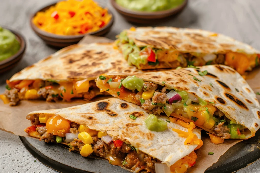 Cheesy quesadillas filled with a flavorful Quesadilla Mix of ground beef, corn, peppers, and guacamole, served with vibrant sides.