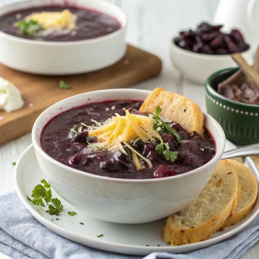 Purple Black Bean Soup with cheese