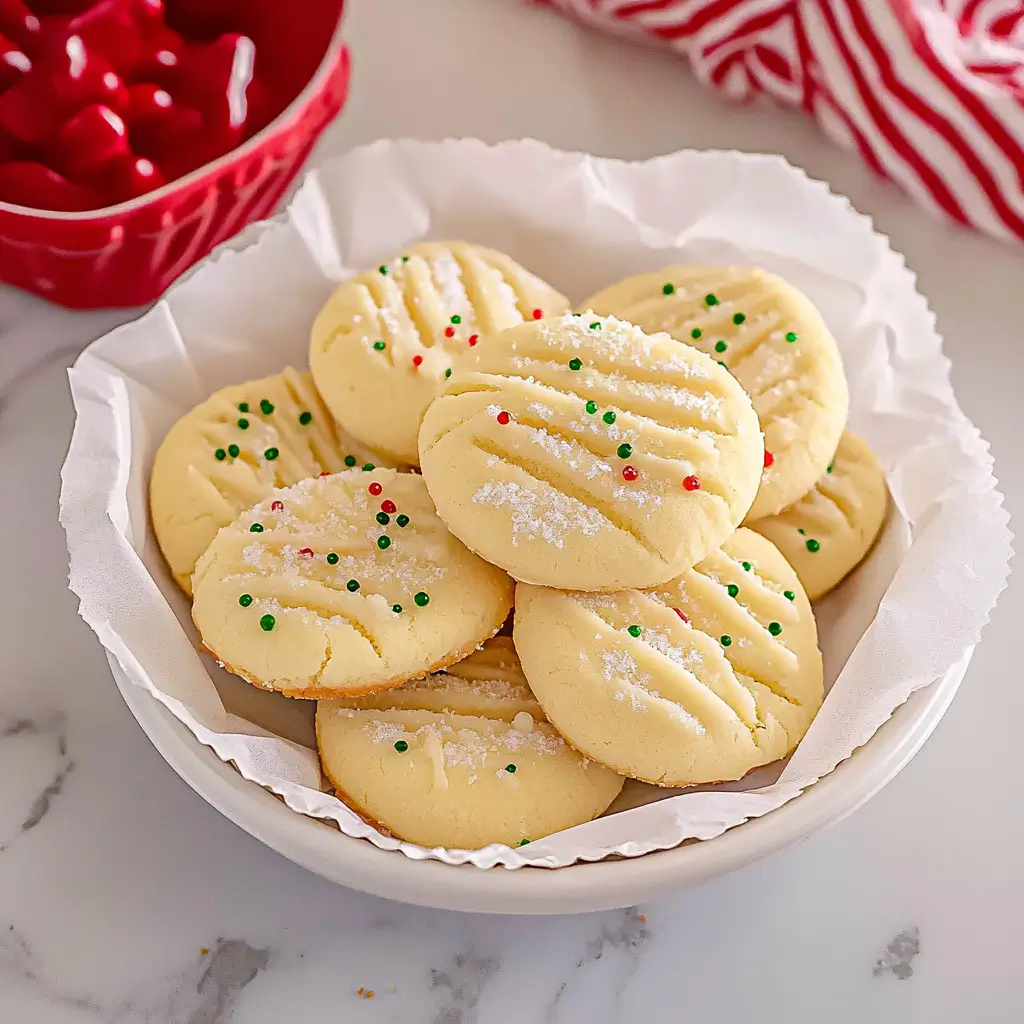 Plate of soft, buttery cornstarch cookies topped with colorful sprinkles and sugar, perfect for the holidays.