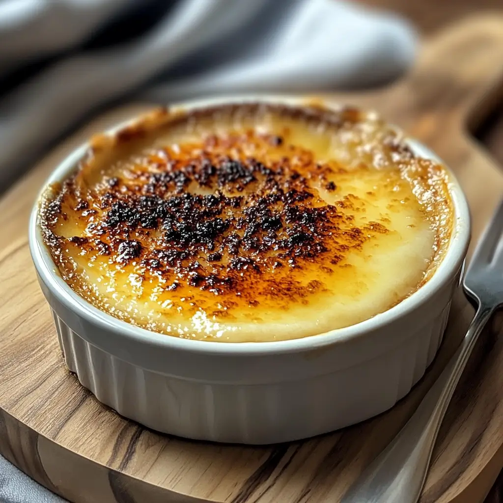 Golden caramelized Crab Brulee Recipe served in a ramekin on a wooden board.