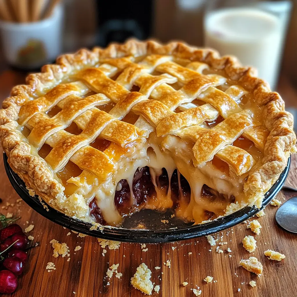 A freshly baked double-crusted pie with a golden lattice top, showing gooey filling oozing out, placed on a wooden surface with scattered crumbs and cherries nearby.