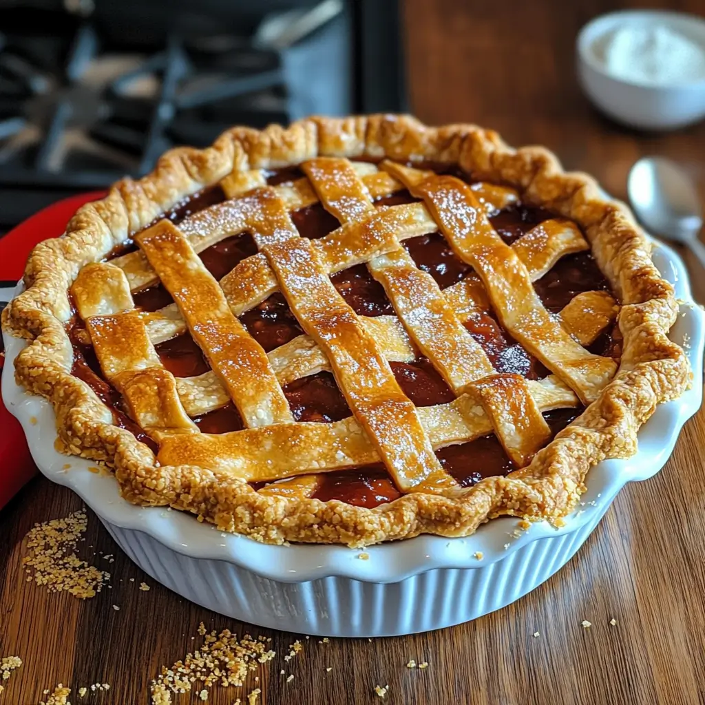 A freshly baked double-crusted pie with a golden lattice top, showing gooey filling oozing out, placed on a wooden surface with scattered crumbs and cherries nearby.