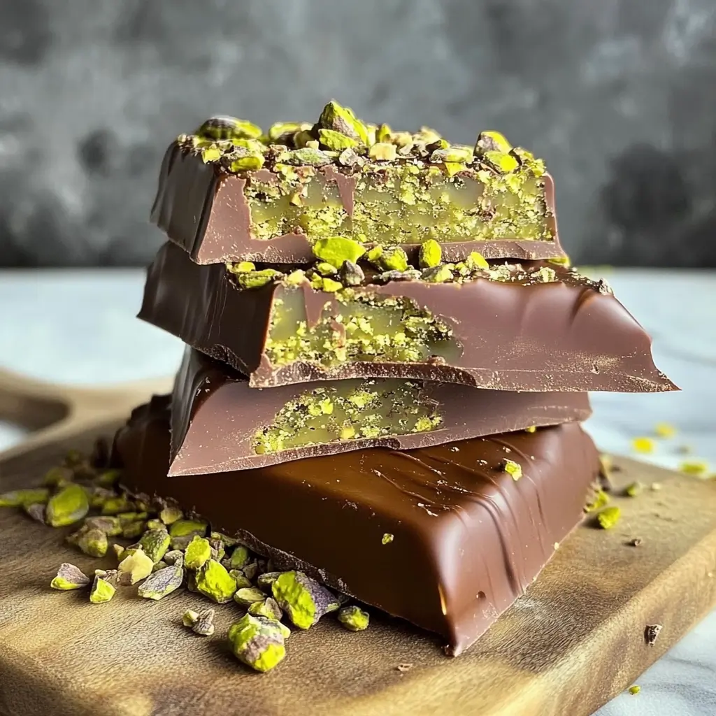 Stacked Dubai Chocolate Bar Recipe with pistachio filling on a wooden board, perfect for a Dubai-inspired treat.