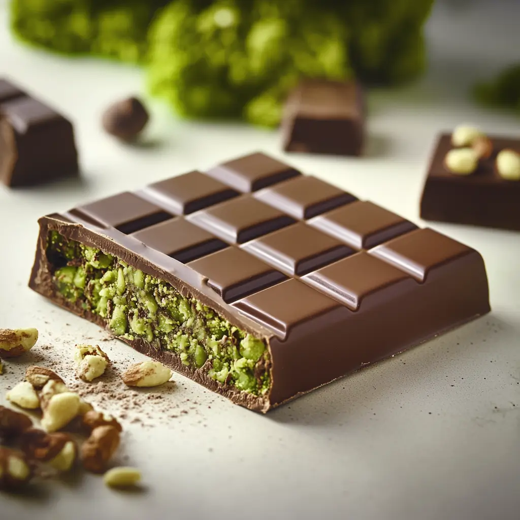 Close-up of a Dubai chocolate bar with a rich milk chocolate shell and a vibrant green nutty filling, surrounded by scattered nuts and a backdrop of greenery.