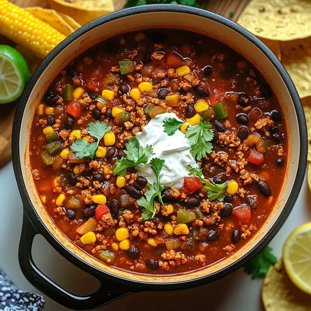 A pot of taco soup with ground meat, black beans, corn, and peppers, garnished with sour cream and cilantro. How Long Will Taco Soup Last in the Refrigerator?