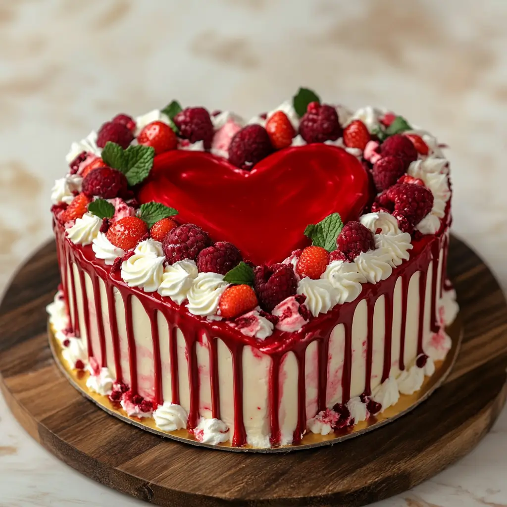 How do I make a heart-shaped cake? A heart-shaped cake with red glaze and fresh berries, perfect for special occasions.