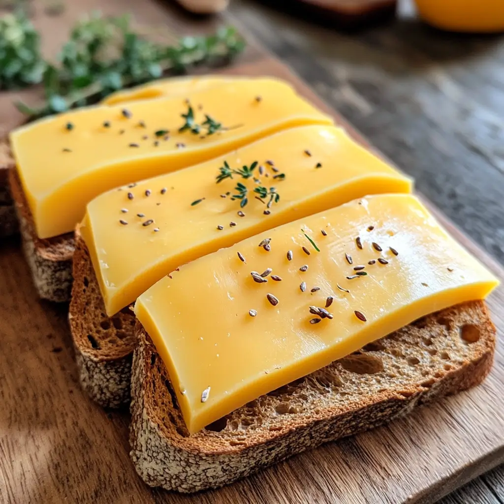 Sliced gouda cheese on rustic bread garnished with herbs and seeds. How to eat gouda cheese? Enjoy it simply on bread for a rich, flavorful snack.