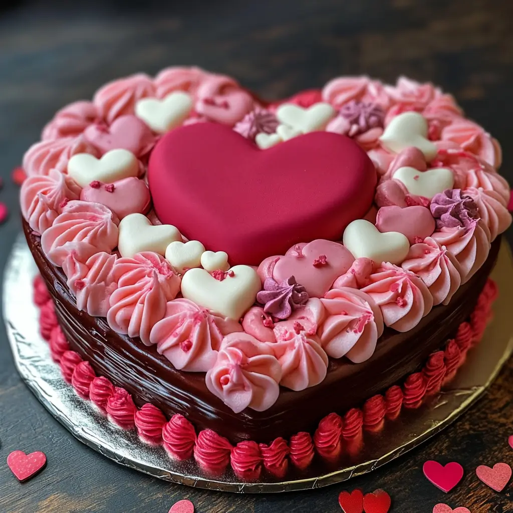 How to make a heart-shaped cake without a circle pan? Heart-shaped cake decorated with pink and red frosting, topped with fondant hearts.