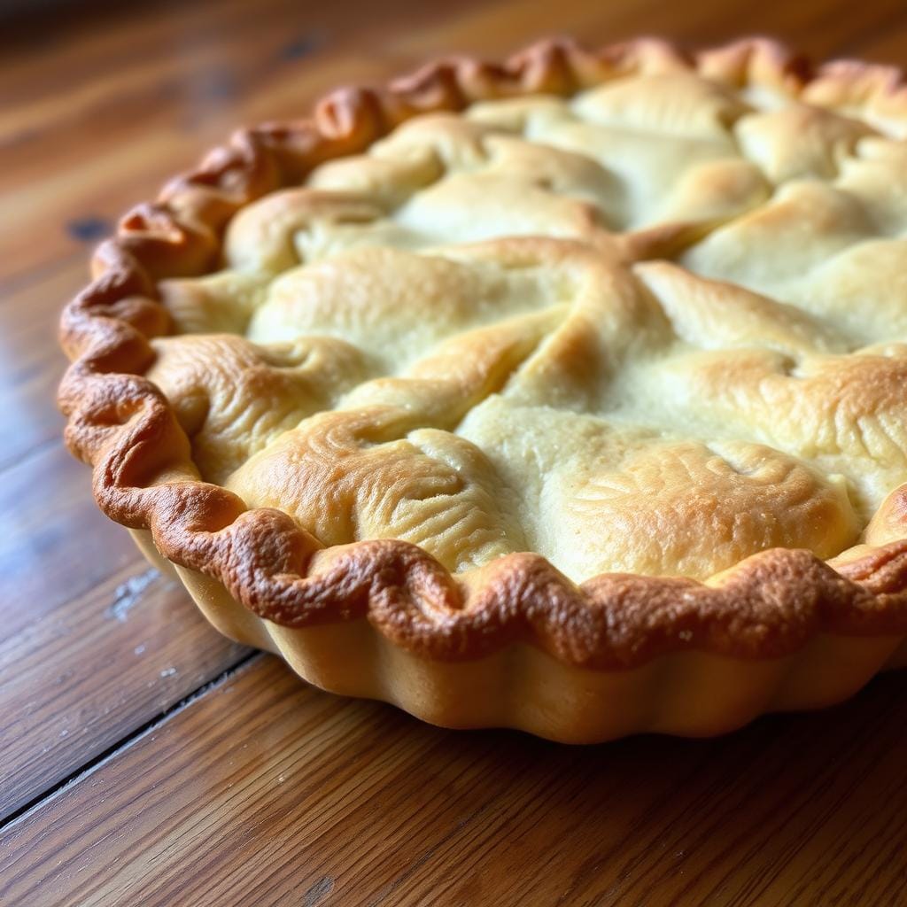 Golden-brown pie with a crispy, flaky crust on a wooden table.