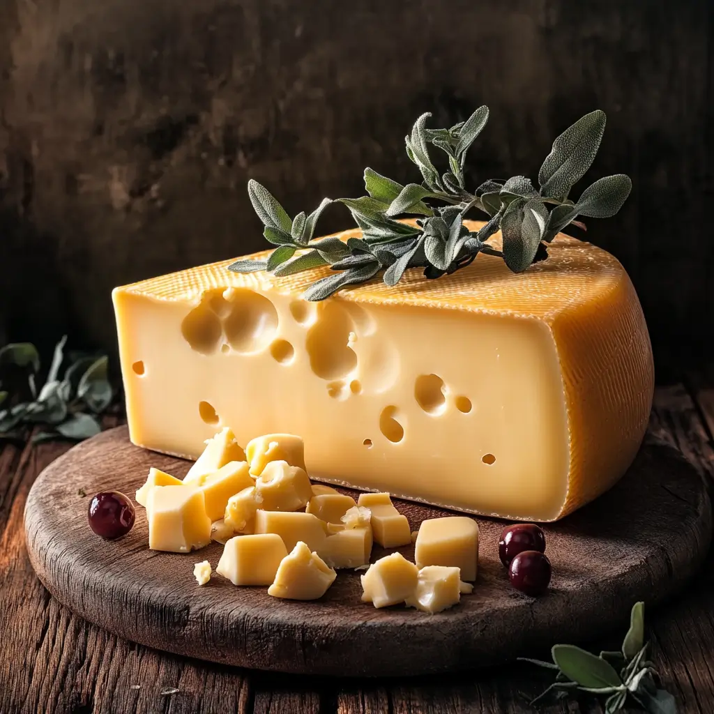 A block of gouda cheese with cubes on a wooden board, garnished with herbs. Is Gouda the healthiest cheese?