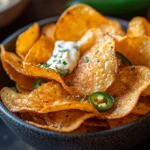 Crispy jalapeno chips with a creamy dip garnish.