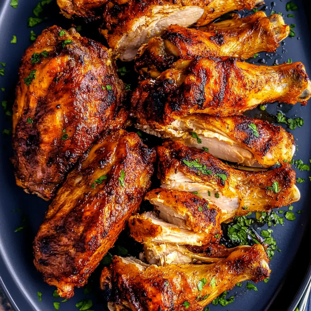 Close-up of crispy, golden-brown turkey wings garnished with fresh herbs on a dark serving platter.