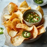 What are jalapeno chips made of? Crispy jalapeno chips served with spicy dipping sauce.