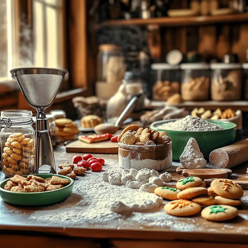 Cozy kitchen scene with colorful cookies, baking tools, and flour dusting, symbolizing family bonding, cultural heritage, and the comforting nostalgia of baking traditions.