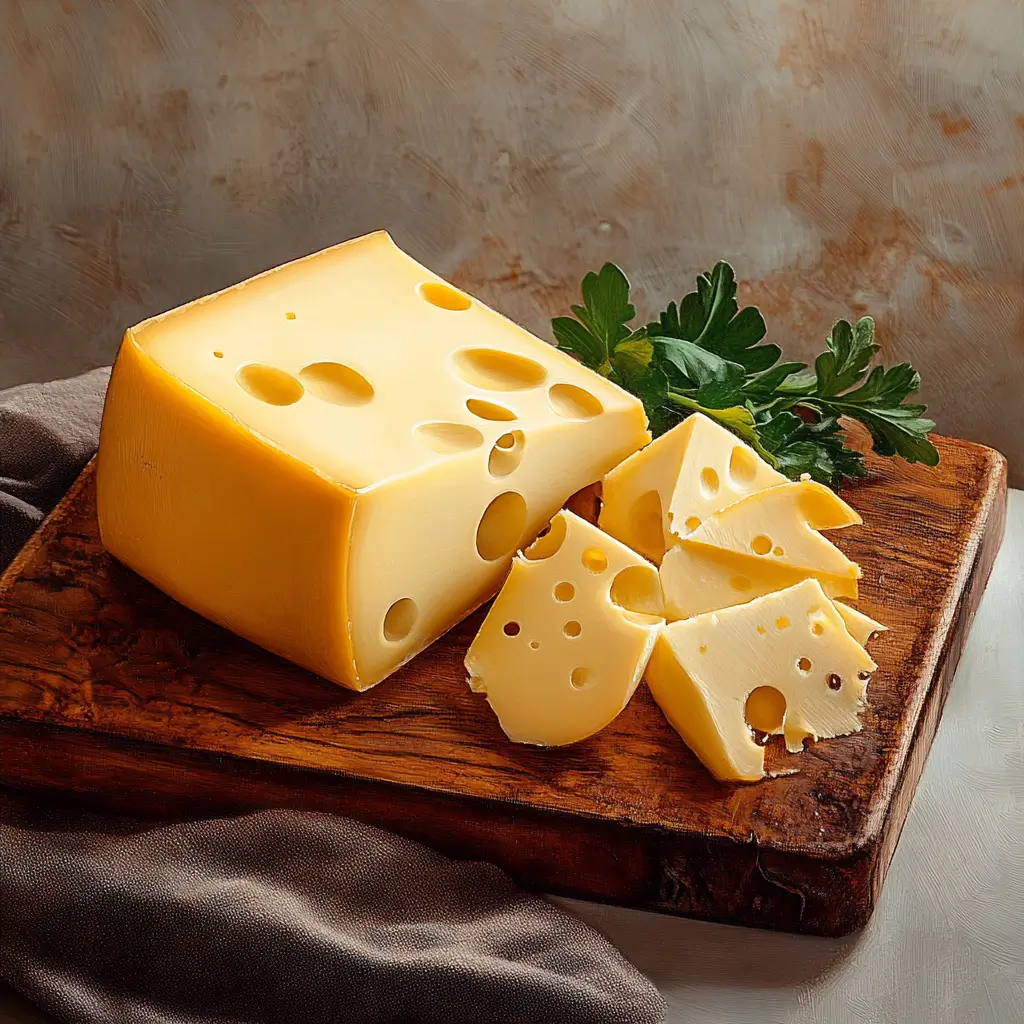 A cheese board featuring sliced and cubed gouda cheese with cherry tomatoes, olives, and herbs. What is Gouda cheese best for? Perfect for snacking, sandwiches, and charcuterie boards.