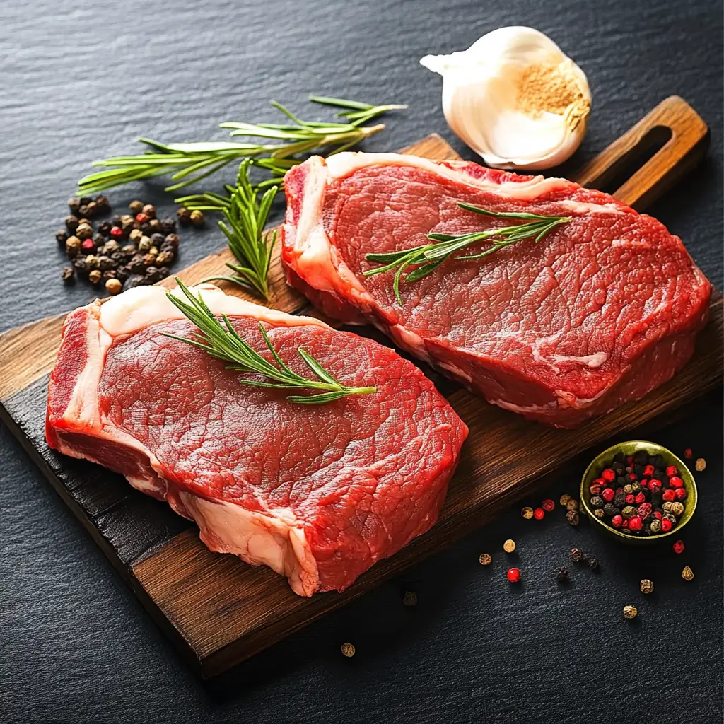 Two raw beef loin flat iron steaks garnished with rosemary, with garlic and peppercorns on a cutting board.