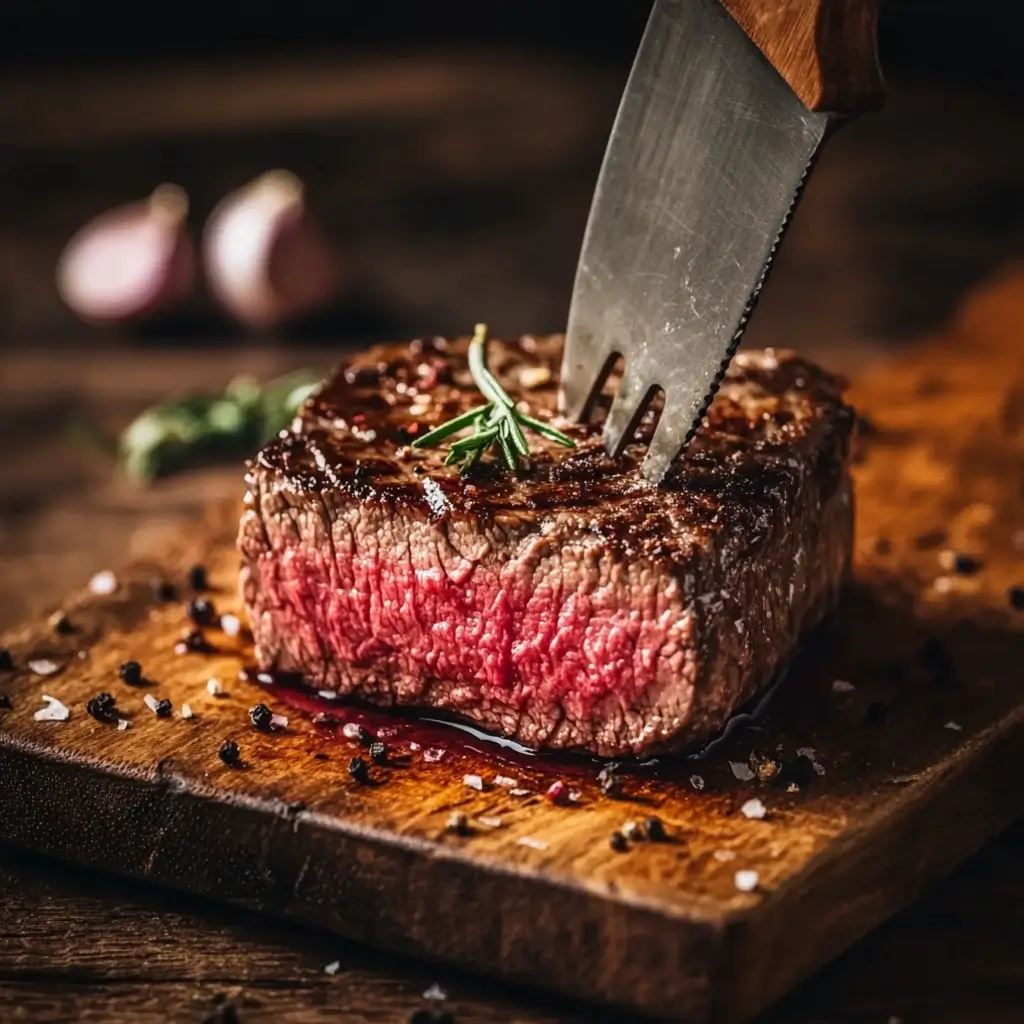 Grilled beef loin flat iron steak garnished with rosemary on a wooden board, with coarse salt and pepper.