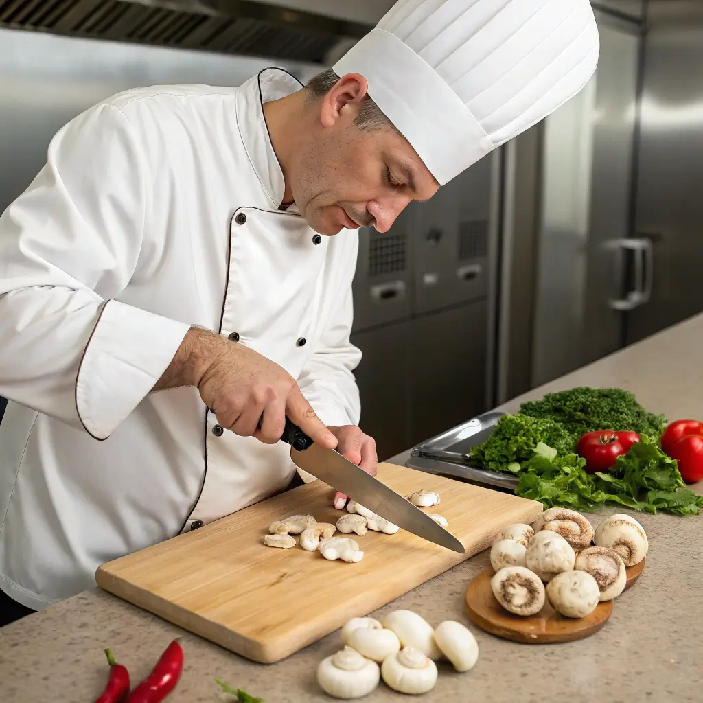 chef cutting button mushrooms