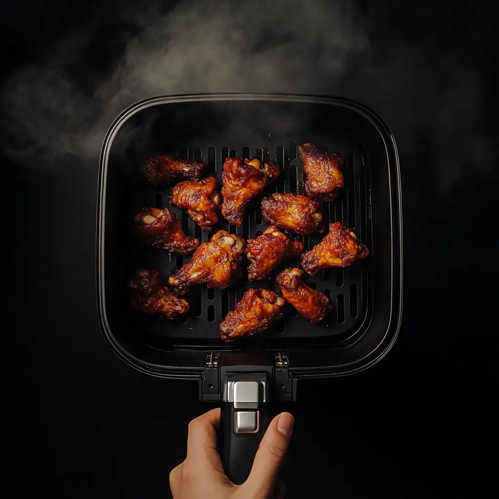 Freshly cooked frozen chicken wings in an air fryer basket with a crispy, golden finish.