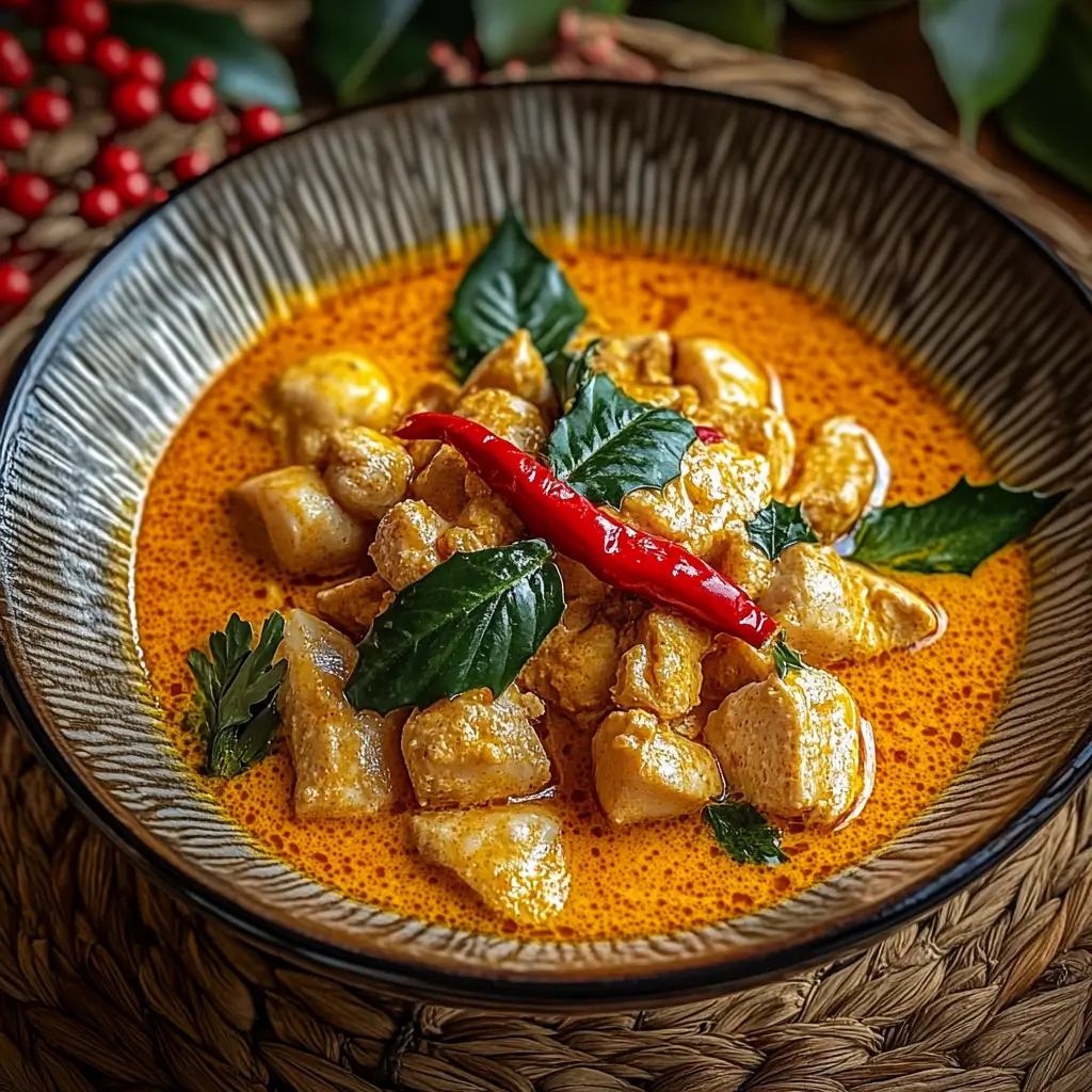 A bowl of golden curry with tender chicken, garnished with fresh herbs and a red chili, showcasing the rich, vibrant color and creamy texture of the dish.