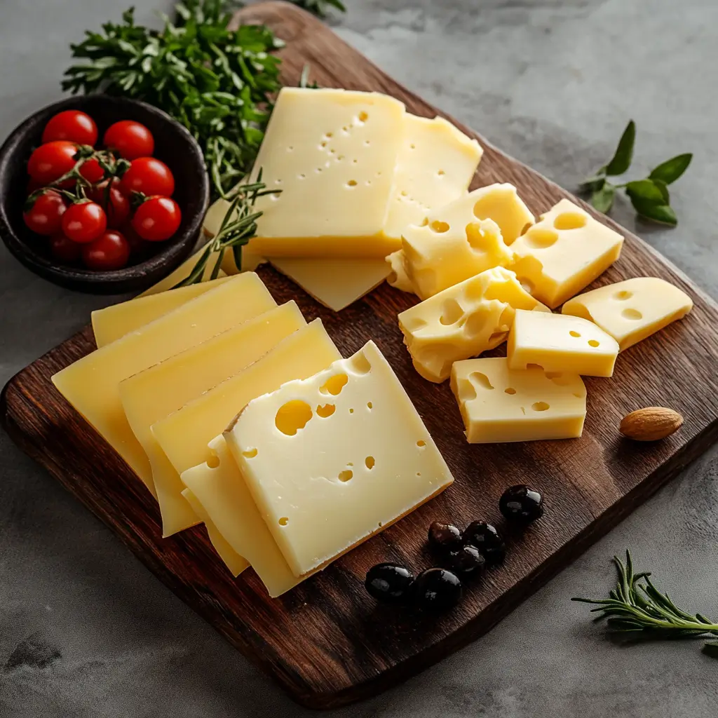 Cheese platter with sliced and cubed gouda cheese, cherry tomatoes, olives, and herbs on a wooden board.