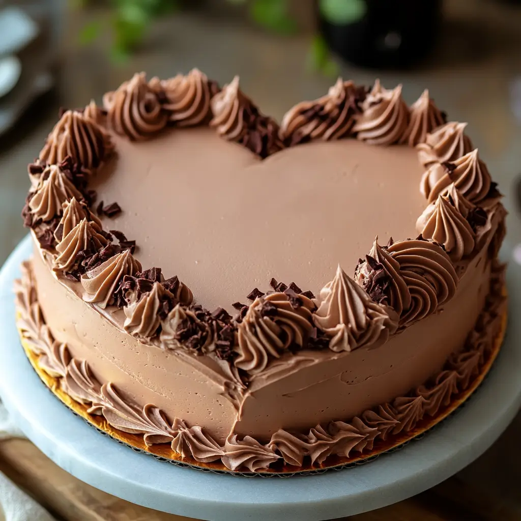 A beautifully decorated heart-shaped cake with chocolate frosting and piped swirls around the edges, perfect for special occasions like anniversaries or Valentine's Day.