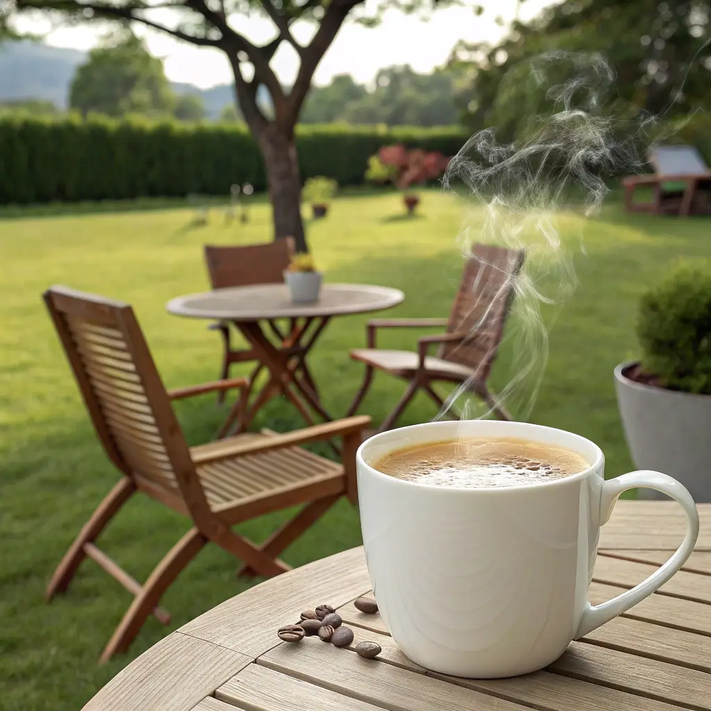 hot classic white coffee presented in the backyard