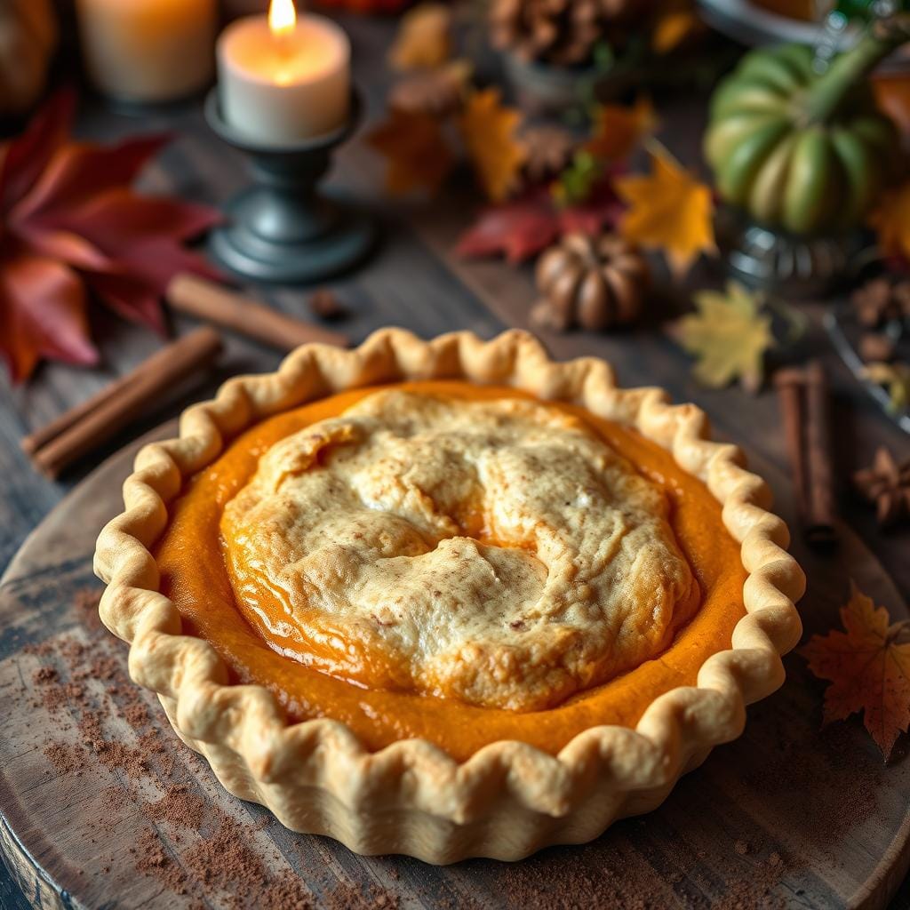 Sweet potato pie with a perfectly crisp crust, surrounded by autumn-themed decor.