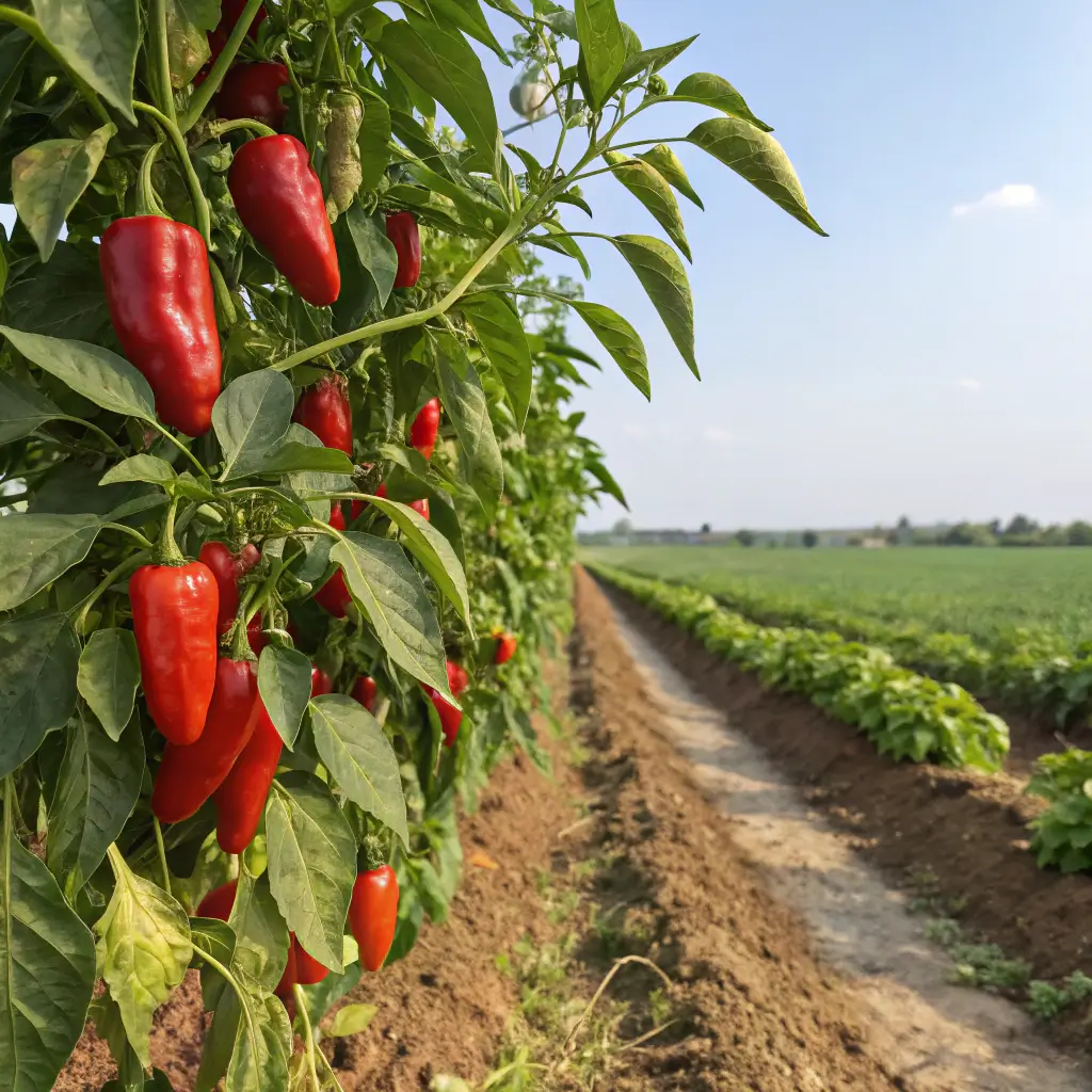 ripped hot cherry peppers in a field