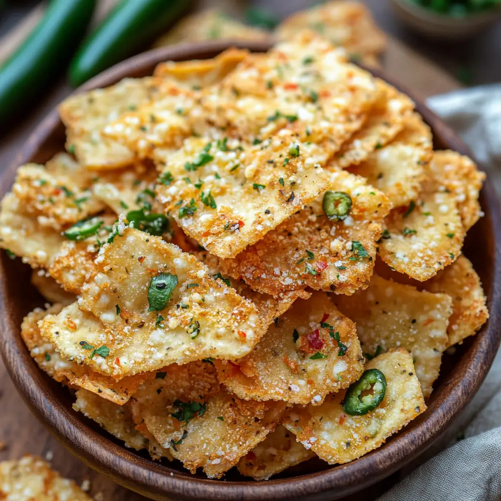 What were the jalapeno chips in the 90s? Crispy jalapeno chips garnished with fresh herbs and sliced peppers.