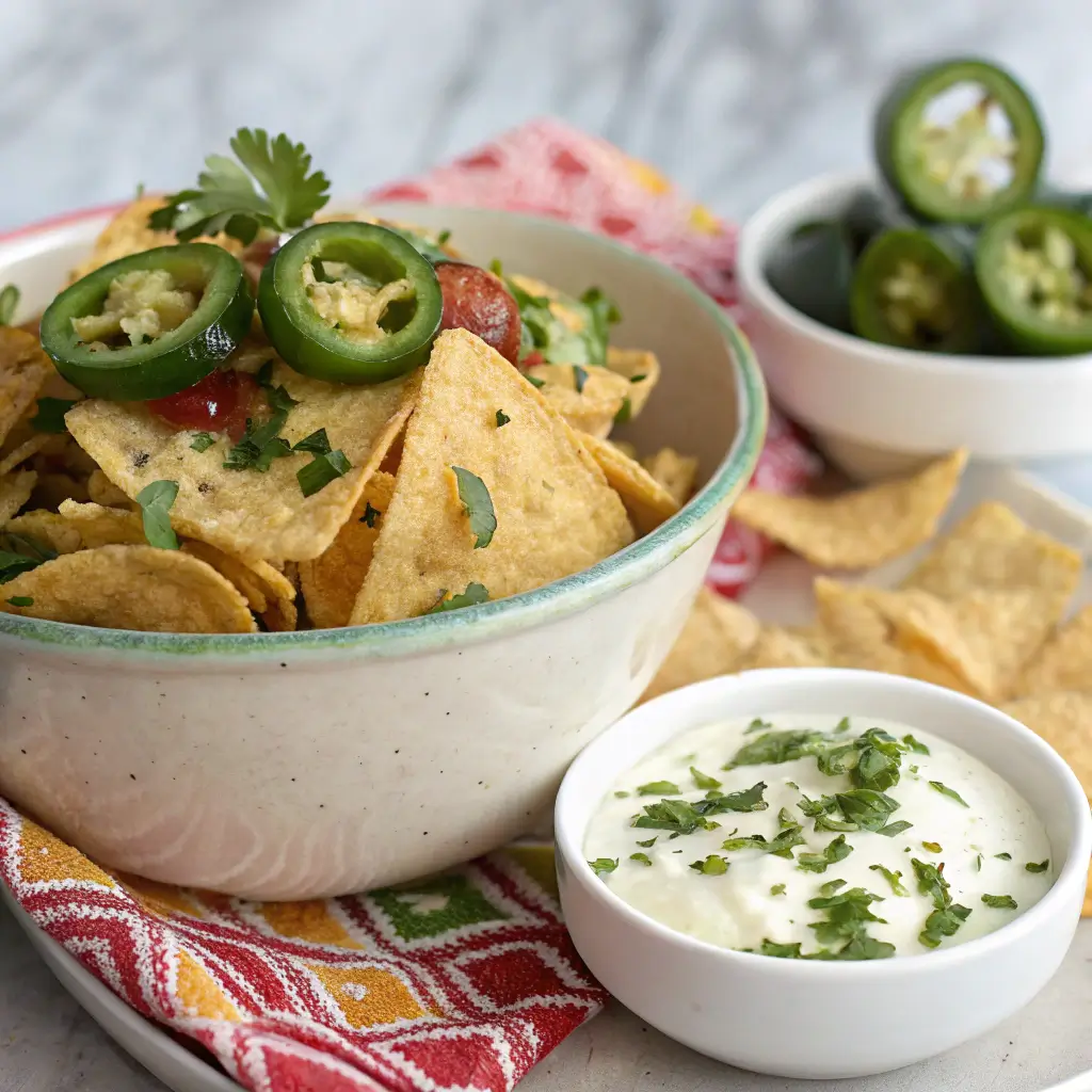 bowl of jalapeno Fritos garnished with fresh jalapeno slices and herbs and white sauce