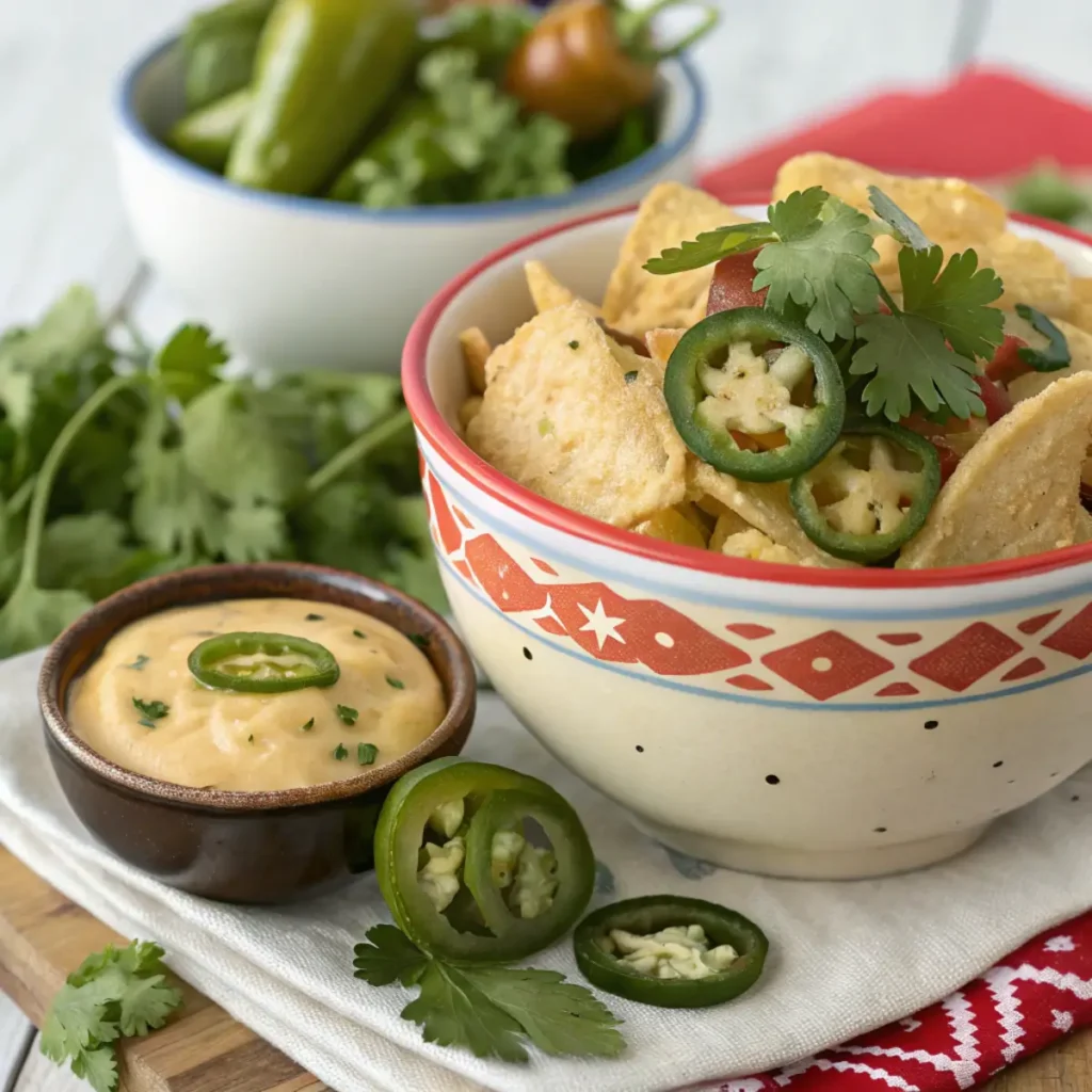 bowl of pickled spicy jalapeno Fritos garnished with fresh jalapeno slices and herbs