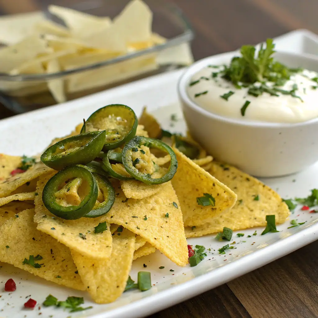  jalapeno Fritos garnished with fresh jalapeno slices and herbs and white sauce