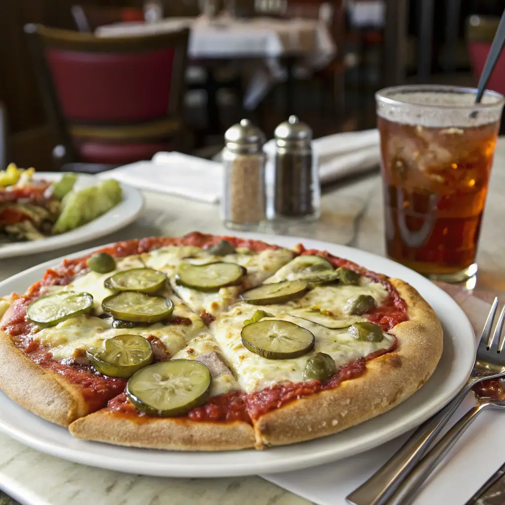 pickle pizza served in a restaurant